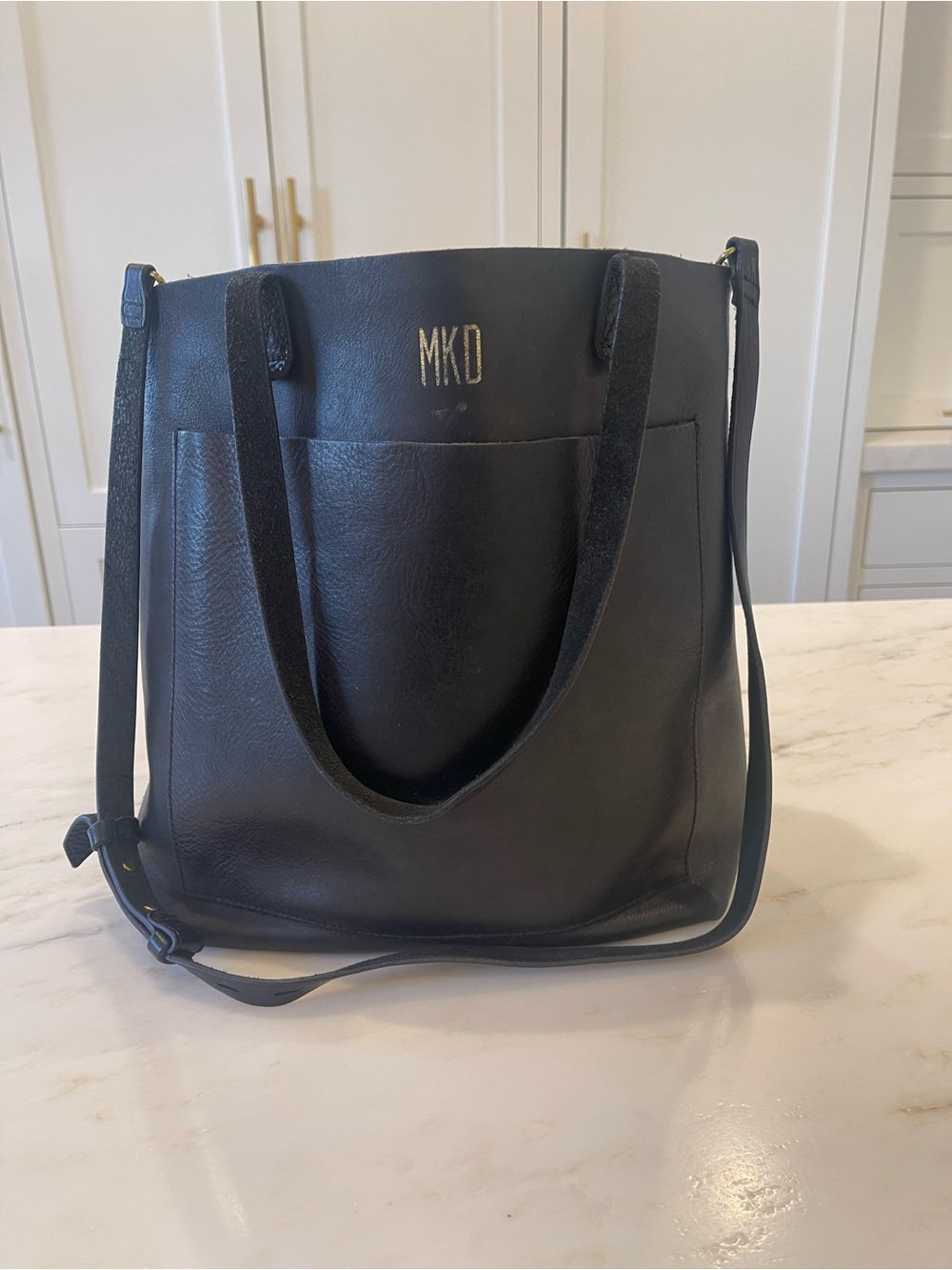 Madewell Black Leather Tote, Removeable Cross Body Strap, Monogram MKD